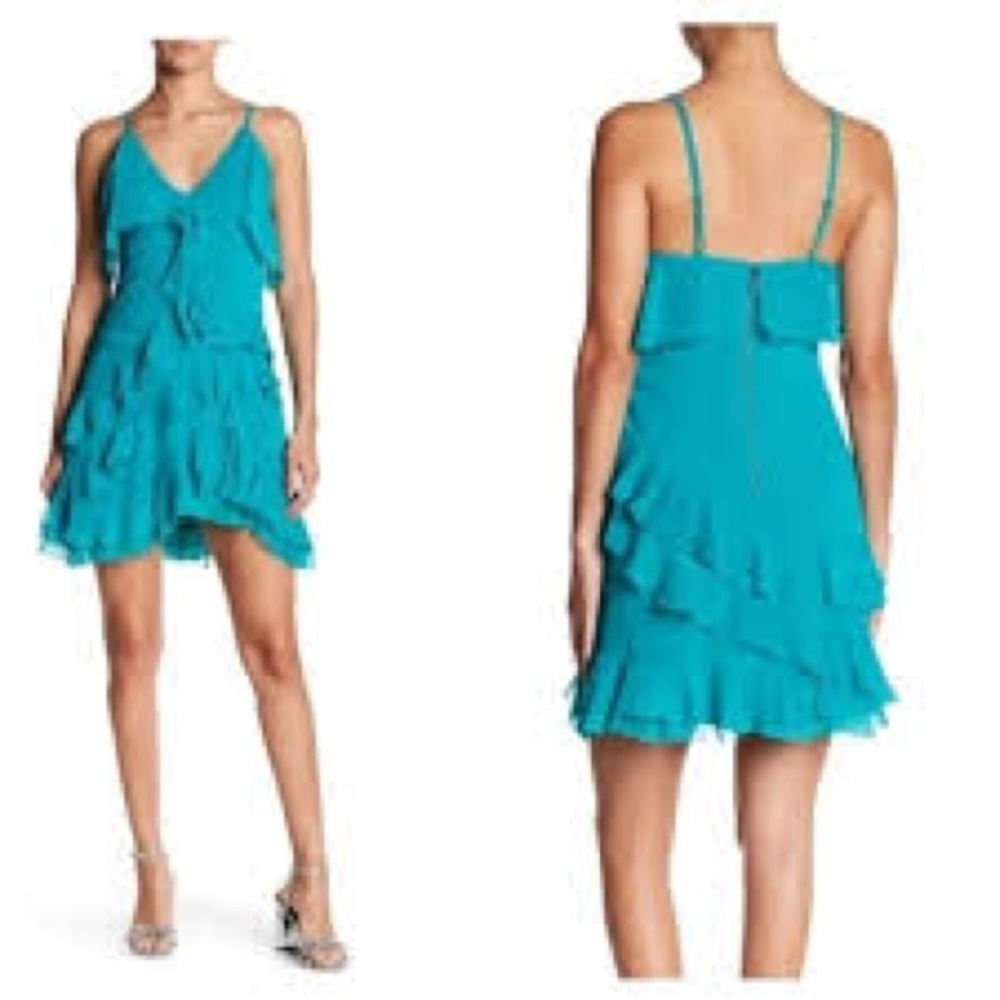 ALICE + OLIVIA TIERED RUFFLE SPAGHETTI STRAP MINI DRESS TURQUOISE CHIFFON SIZE 4